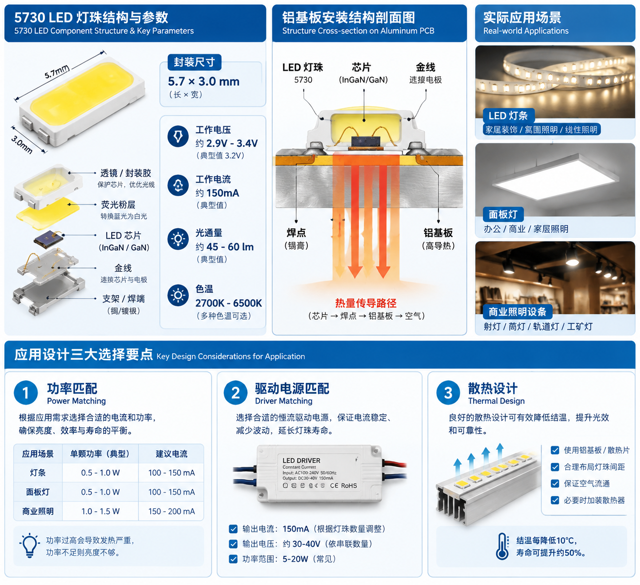 5730LED灯珠参数与应用示意图