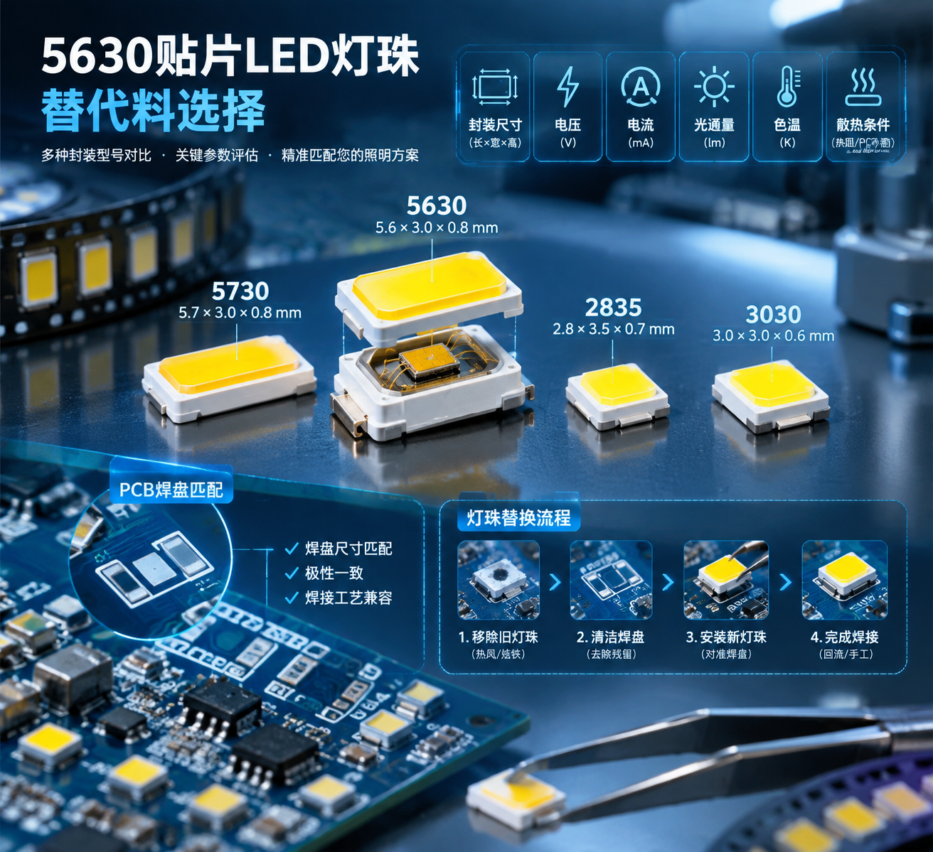 5630替代料选择概念图,展示尺寸对比与评估关键因素