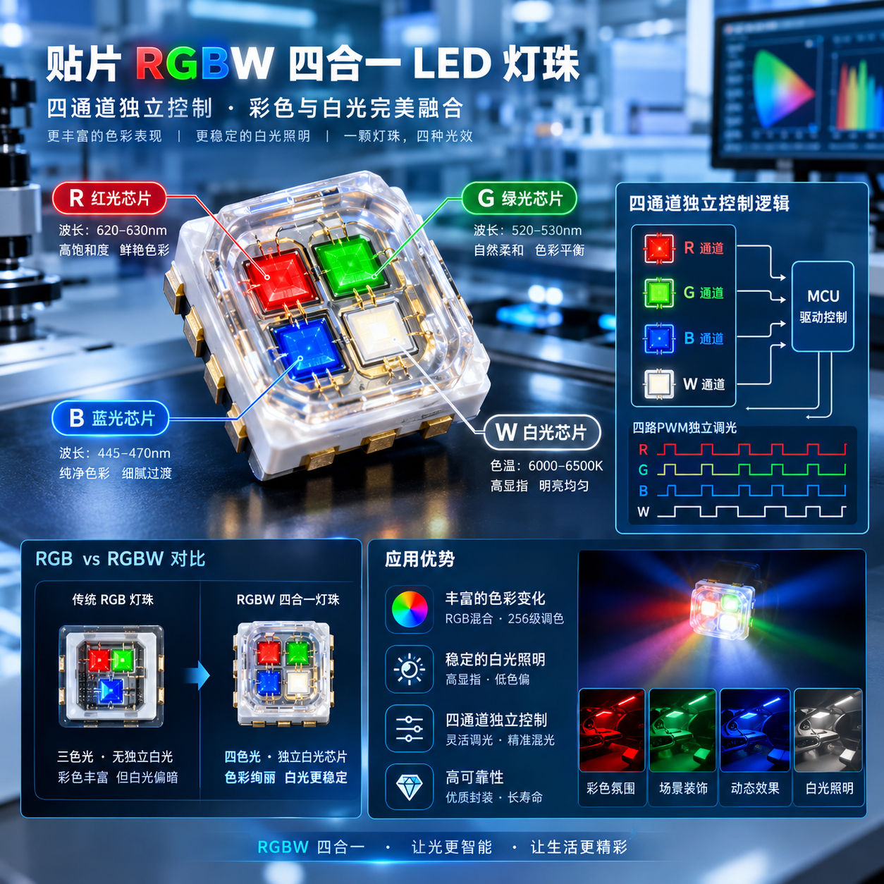 High-tech RGBW LED package structure, four-channel LED chip illustration, macro product visualization