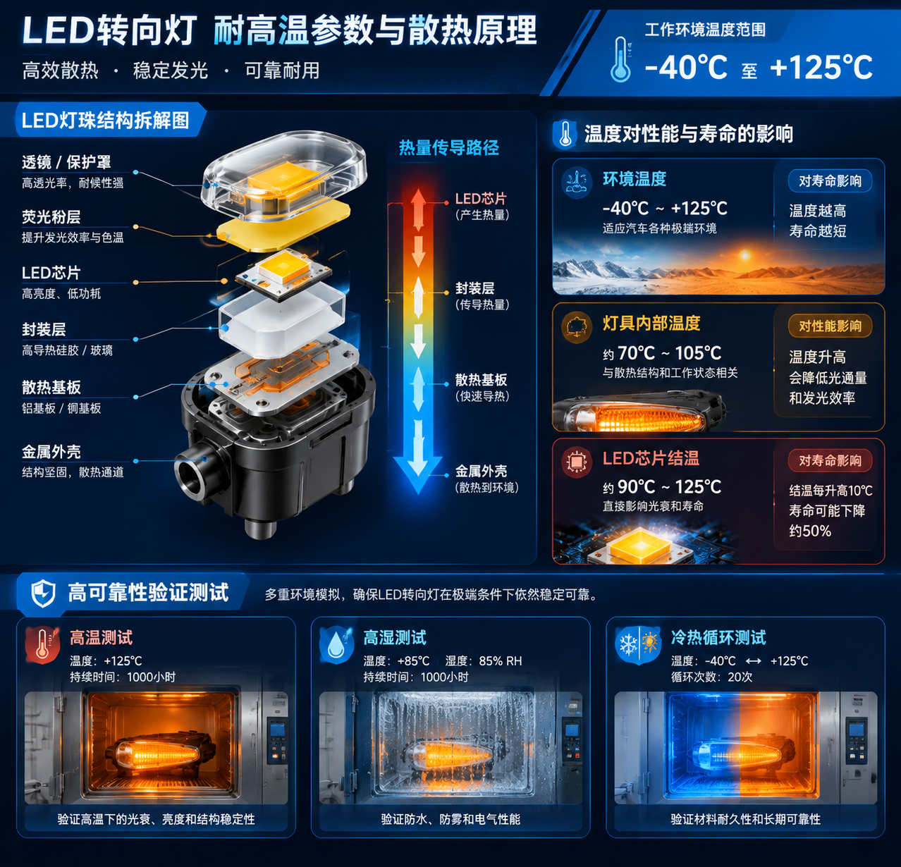 车载LED灯珠耐高温参数与散热结构图