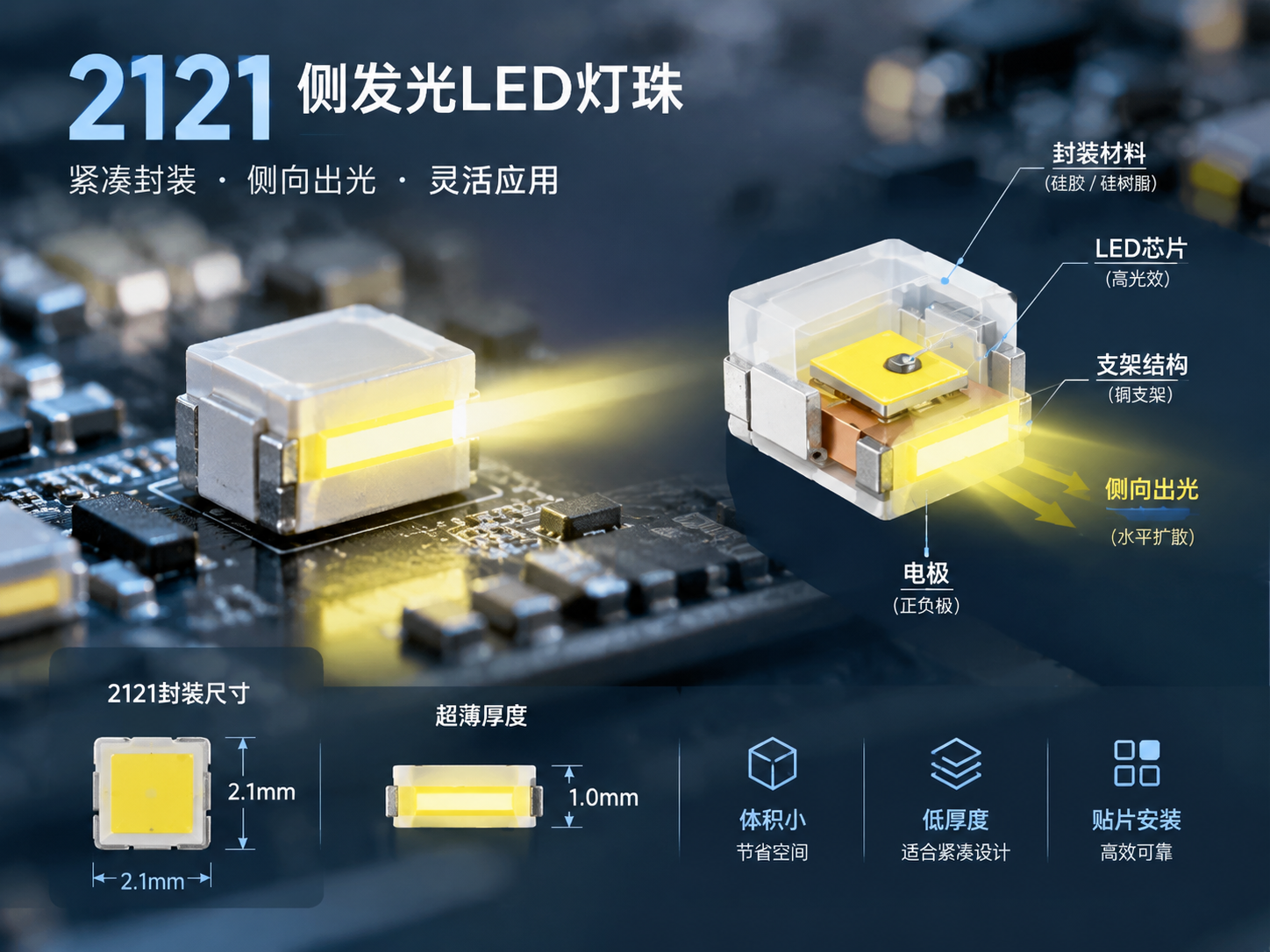 侧发光2121LED灯珠结构剖视微距实拍