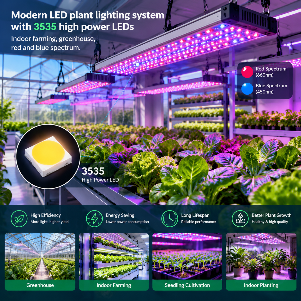 横版构图,展示植物照明领域中3535大功率LED灯珠作为核心光源的整体应用场景。画面主体为现代室内植物培育空间,排列整齐的植物生长灯悬挂在上方,灯具内部可见紧凑排列的3535规格LED灯珠发光单元,红蓝光谱形成柔和渐变光照射在绿色植物叶片上。背景融合温室、室内种植架和育苗区域元素,突出农业种植、育苗培育、室内栽培等应用方向。画面风格采用高科技农业摄影风,细节清晰,体现LED光源稳定发光、高效节能和现代化植物照明趋势。英文注释:Modern LED plant lighting system with 3535 high power LEDs, indoor farming, greenhouse, red and blue spectrum, horizontal composition.