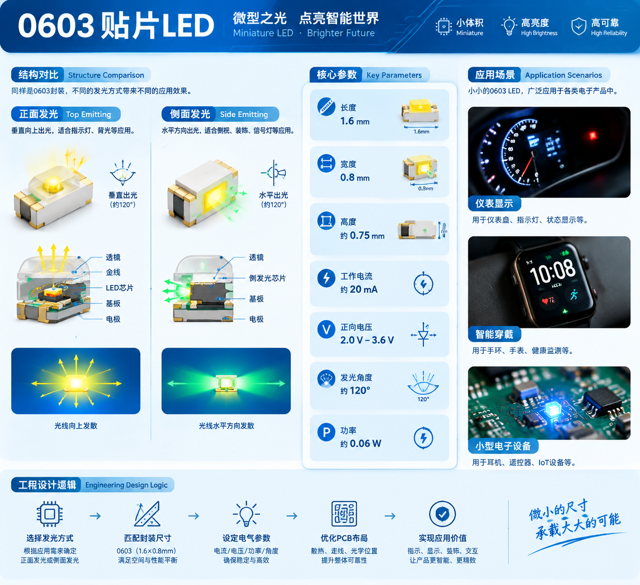 0603贴片LED灯珠参数与发光方式示意图
