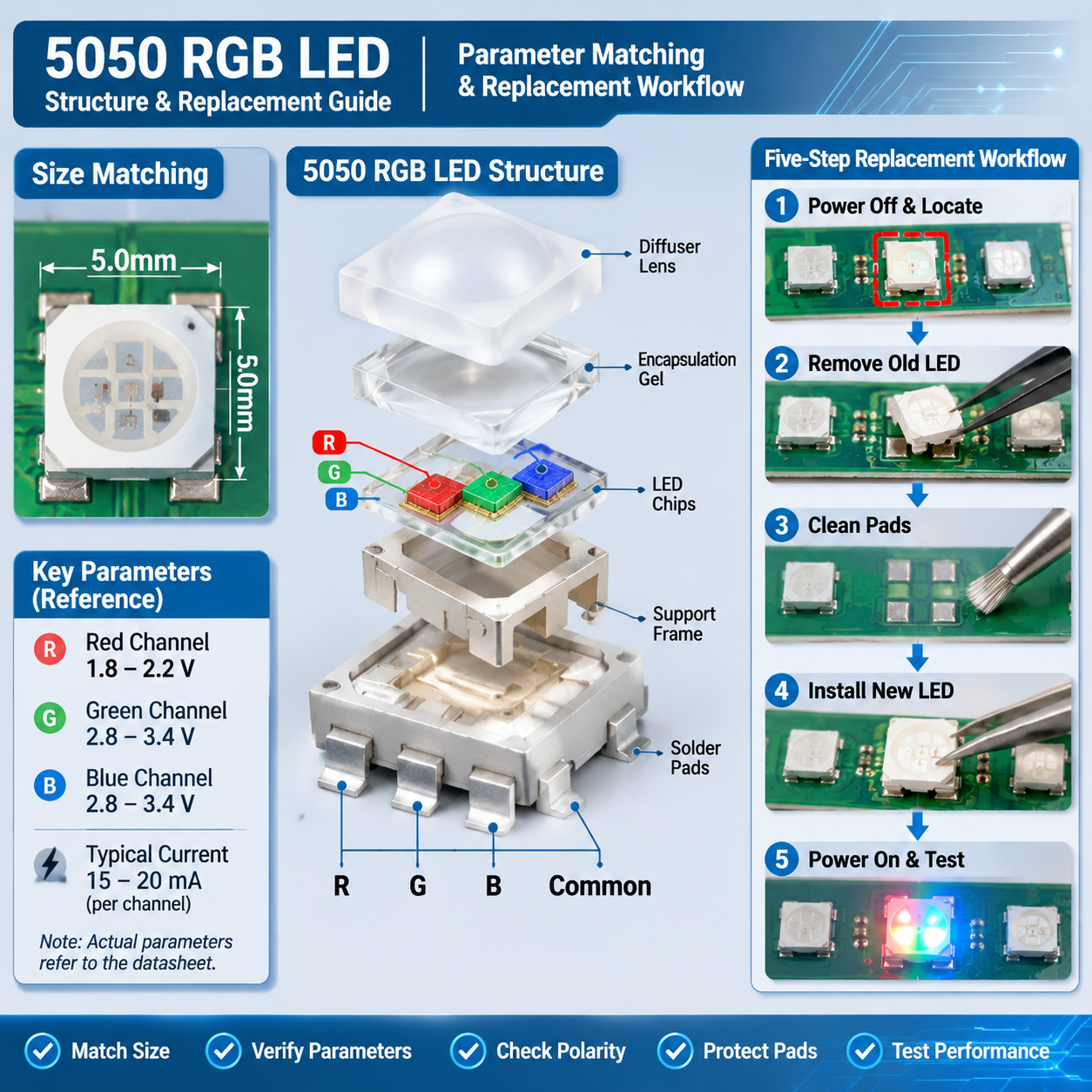 5050 RGB灯珠结构参数与维修流程图