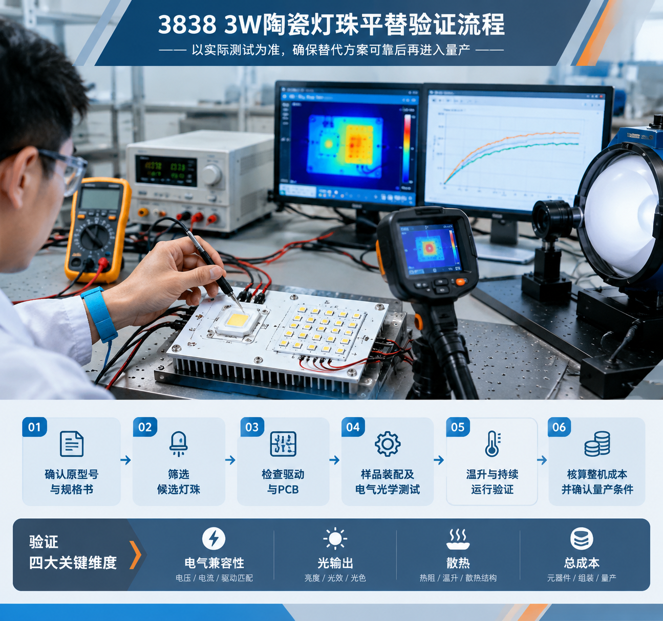 3838 3W陶瓷灯珠平替验证流程