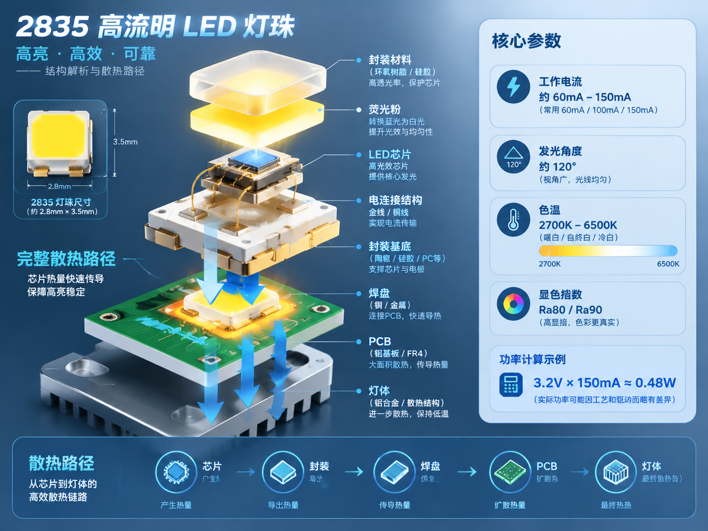 2835高流明LED灯珠内部组成技术示意图与三维结构拆解,展示LED芯片、封装基底、电连接结构、荧光粉、封装材料及完整散热路径(芯片→封装→焊盘→PCB→灯体),并标注工作电流60mA-150mA、发光角度120°、色温2700K-6500K、显色指数Ra80/Ra90及功率计算示例3.2V×150mA≈0.48W