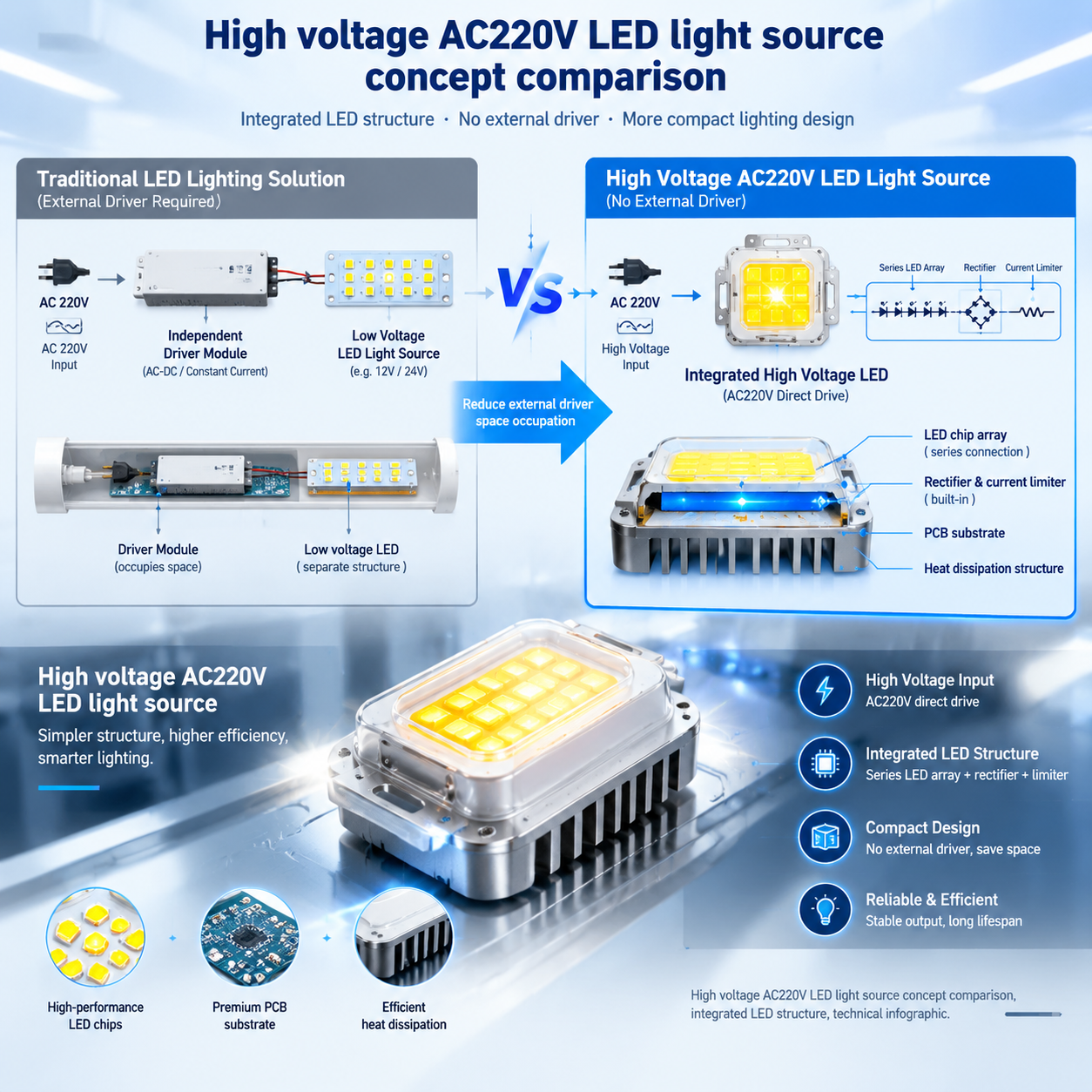 高压LED灯珠AC220V无驱动核心概念对比图:左侧传统220V驱动方案右侧集成化高压LED灯珠方案,展示减少外置驱动空间占用的技术优势,工业风科技构图