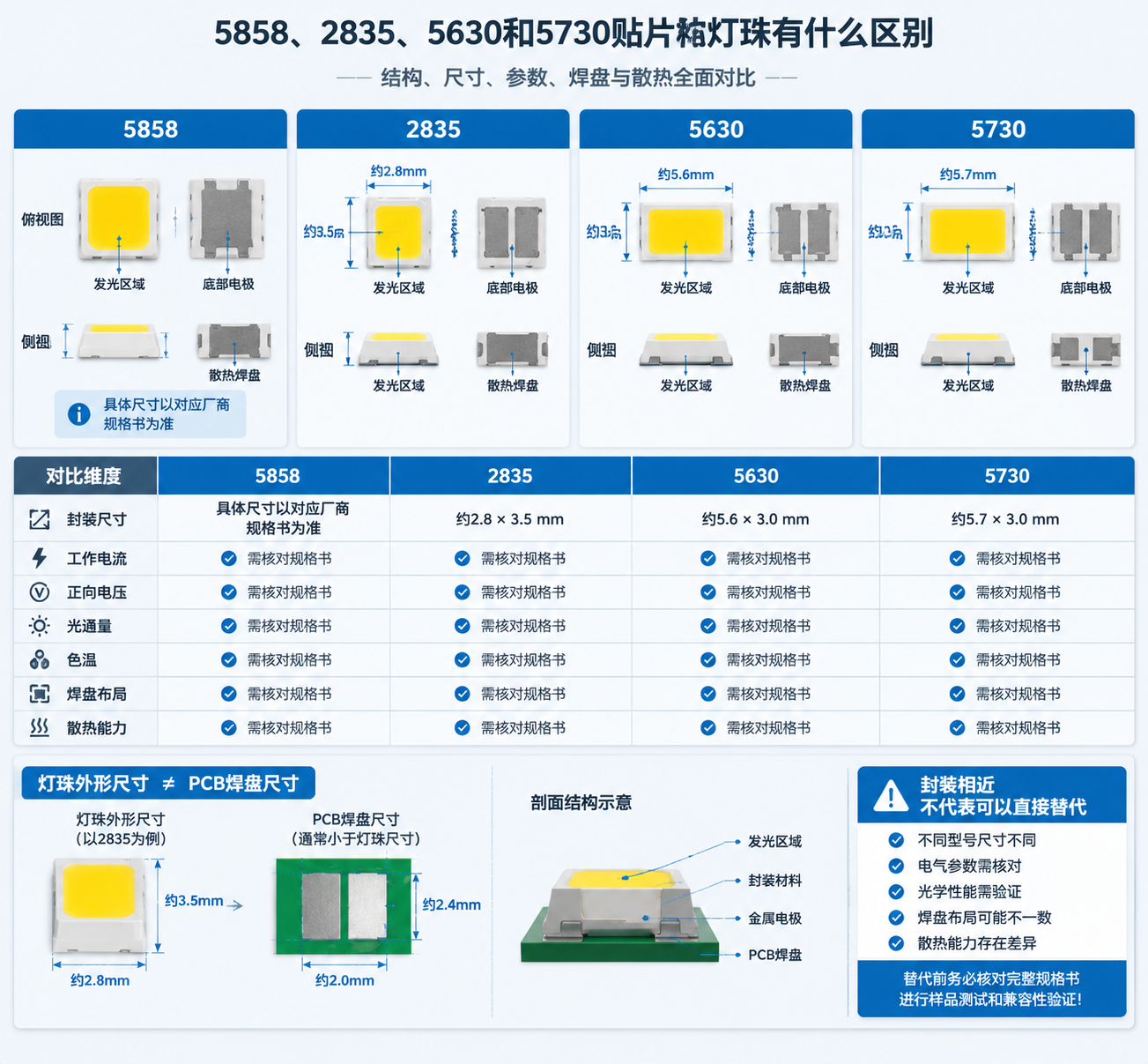 5858、2835、5630、5730封装对比图