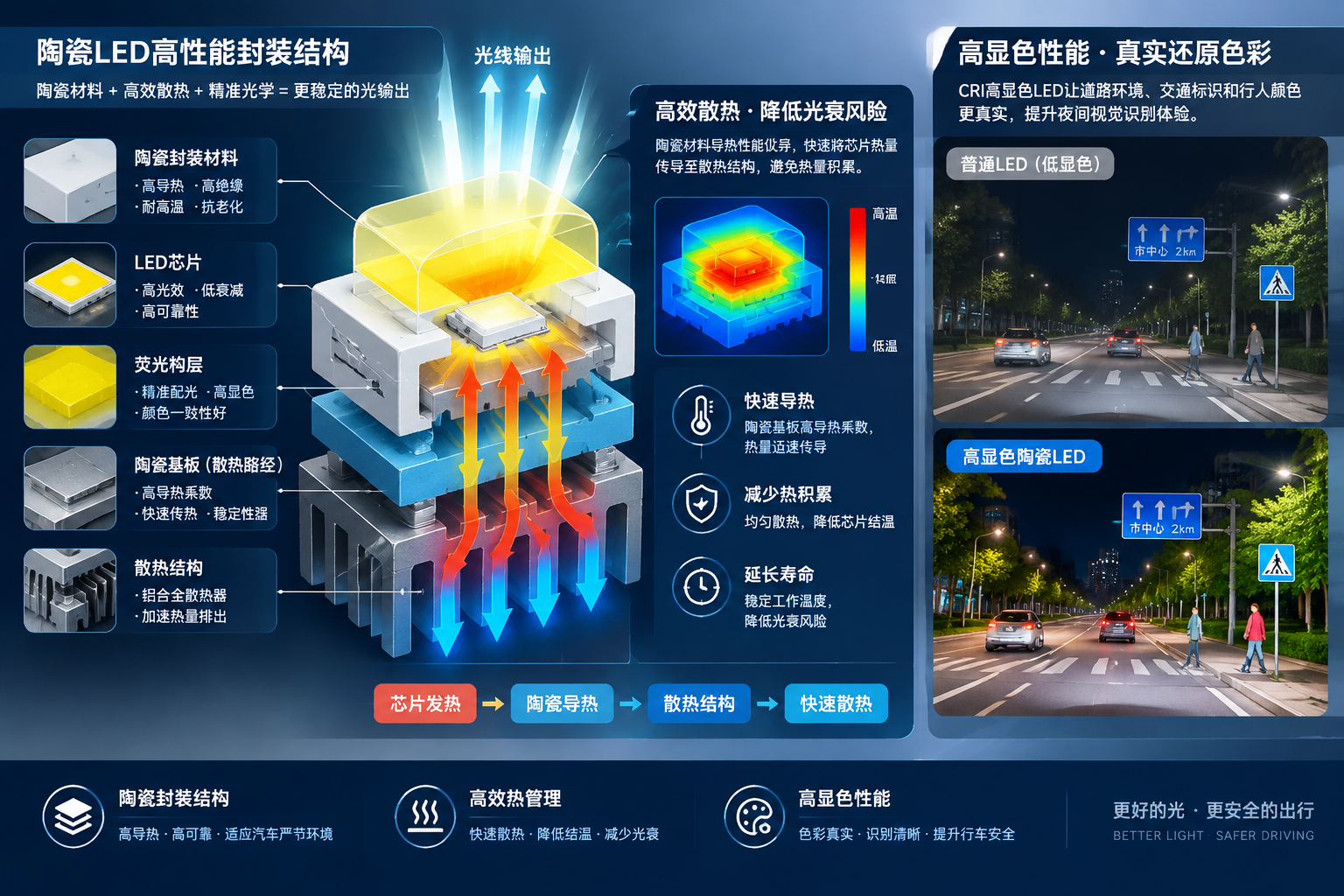 陶瓷LED高性能封装与高显色性能原理示意图:汽车LED灯珠放大结构拆解展示陶瓷封装材料、LED芯片、荧光粉层、散热路径及光线输出方向,通过热流箭头体现提升散热效率、减少热量积累、降低光衰风险的过程,另一侧高显色LED效果对比体现夜间交通标识、行人与环境颜色更加真实自然,提升视觉识别体验,工业科研插画风格,横版构图