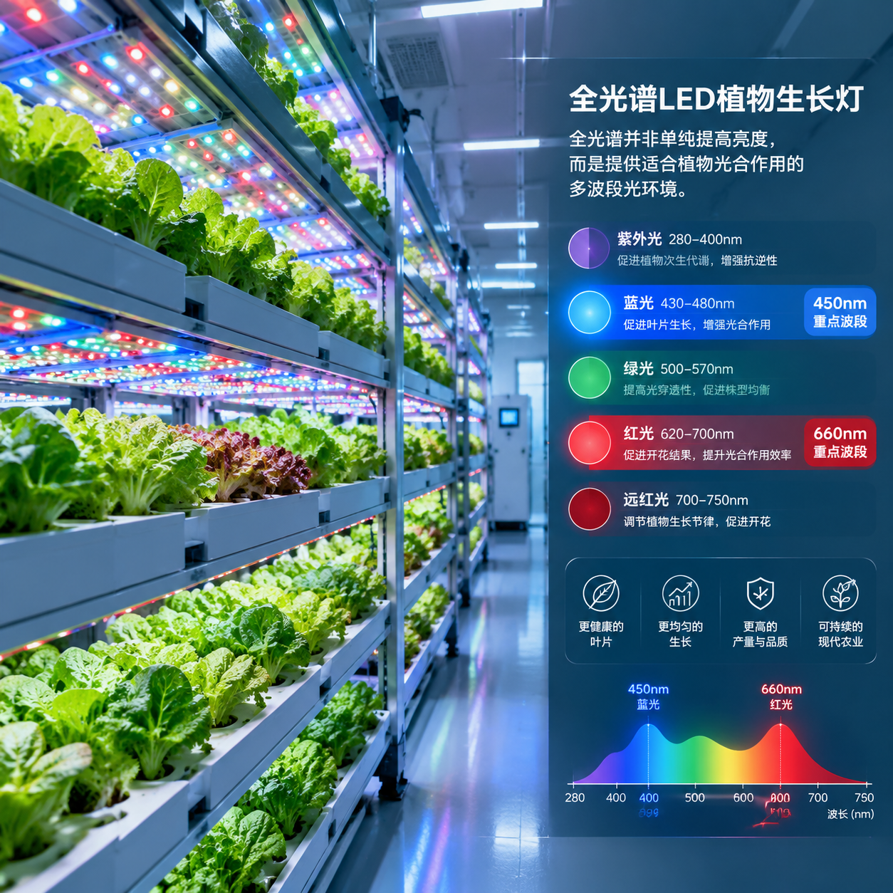 横版科技感实景插画，室内植物工厂场景，多层垂直种植架整齐排列，顶部安装全光谱植物生长LED灯珠，灯光呈蓝光、红光、绿光混合的自然过渡效果，画面一侧加入简洁信息图，标注紫外光280–400nm、蓝光430–480nm、绿光500–570nm、红光620–700nm、远红光700–750nm，其中450nm蓝光与660nm红光以重点高亮，背景可见叶菜长势均匀、叶片健康，整体突出“全光谱并非单纯提高亮度，而是提供适合植物光合作用的多波段光环境”，现代农业、干净实验室风格、高清写实、横版构图。