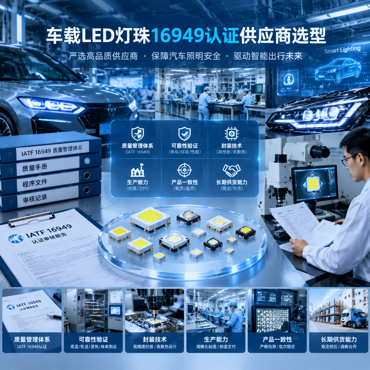 横版科技工业场景，用于文章开篇展示车载LED灯珠16949认证供应商选型主题。画面中心是一组用于汽车照明的高精密LED灯珠样品，旁边呈现汽车供应链质量审核场景，包括质量管理文件、生产追溯记录、显微检测设备和工程师审核资料。背景融合新能源汽车车灯、智能车灯模块和LED生产车间元素，整体采用真实工业摄影风格，蓝白色科技光影，体现汽车电子制造的专业感，横向构图适合公众号头图展示。