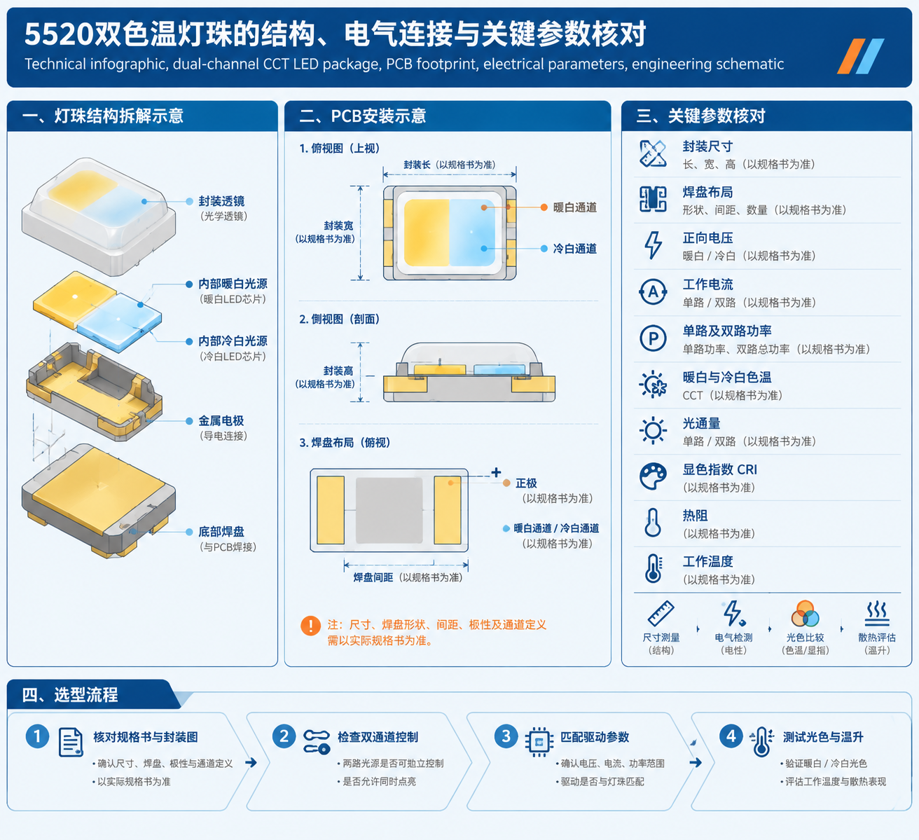 5520双色温灯珠结构电气连接参数核对图