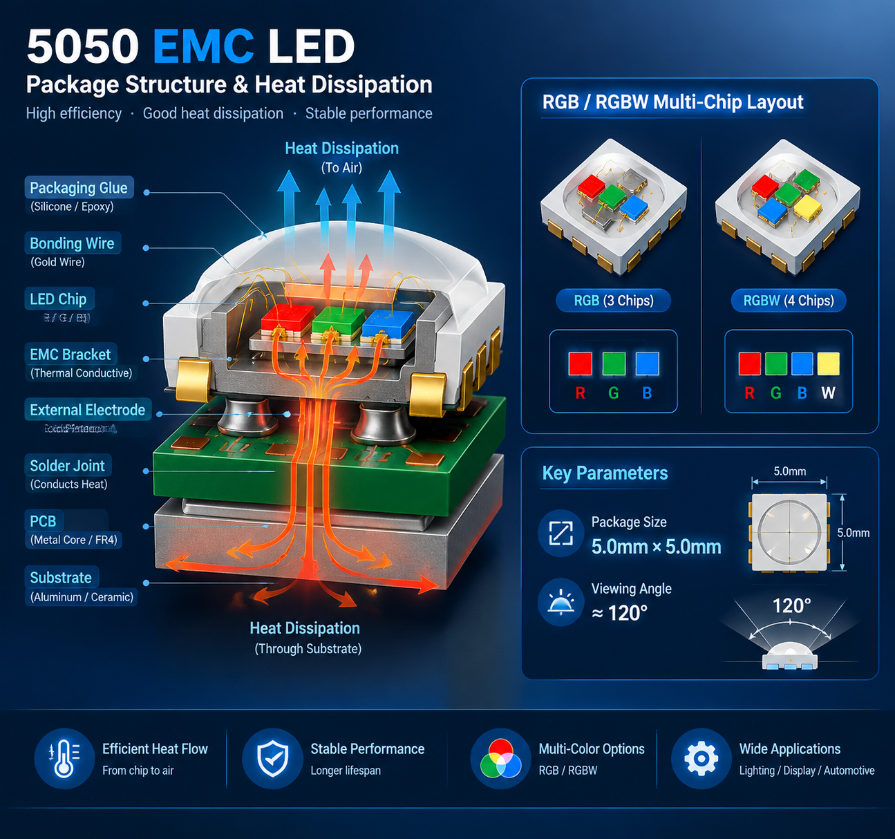 EMC支架5050灯珠结构特点与散热原理,横版原理示意图,左侧5050灯珠内部结构剖析芯片→EMC支架→焊线→封装胶→外部电极,热流箭头表现散热路径芯片→支架→PCB→空气,右侧RGB/RGBW多芯片布局示意,参数信息牌封装尺寸5.0mm×5.0mm、发光角度约120°,专业LED工程图风格