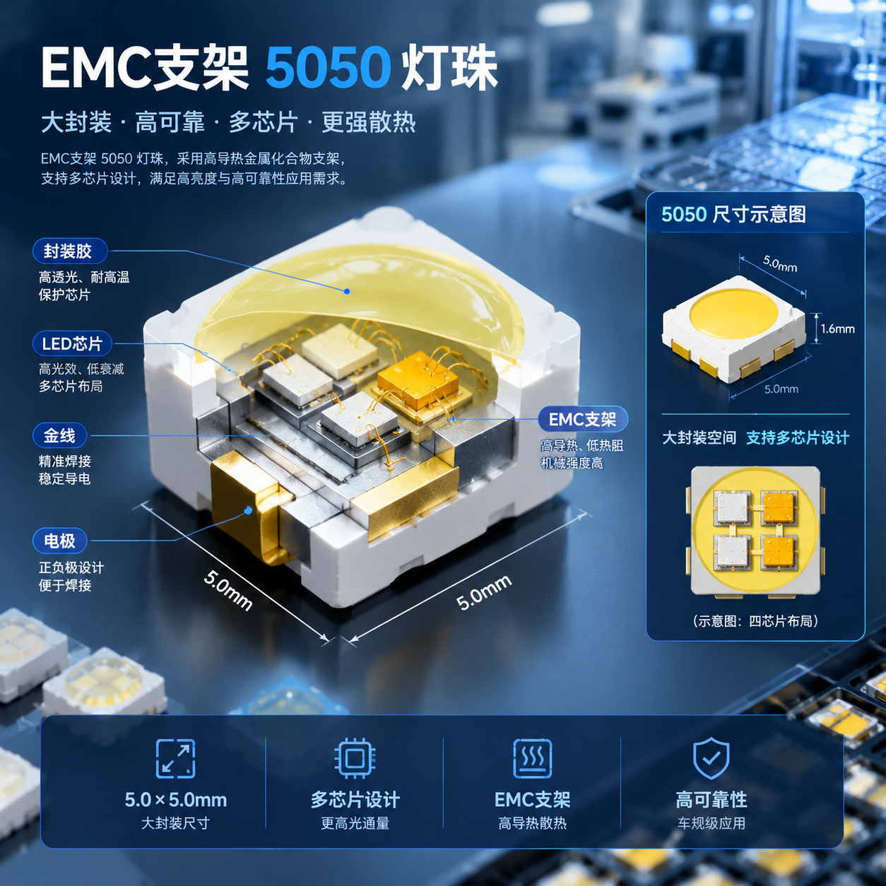 EMC支架5050灯珠整体概念,横版科技产品剖面展示,放大5050 LED灯珠微观结构模型,标注封装尺寸约5.0mm×5.0mm,清晰展示内部LED芯片、EMC支架、焊线、封装胶、电极结构,旁边尺寸示意线框,突出多芯片设计特点,半导体生产环境与精密电子元件纹理,冷色工业光影,高精度3D渲染,适合公众号技术科普首图