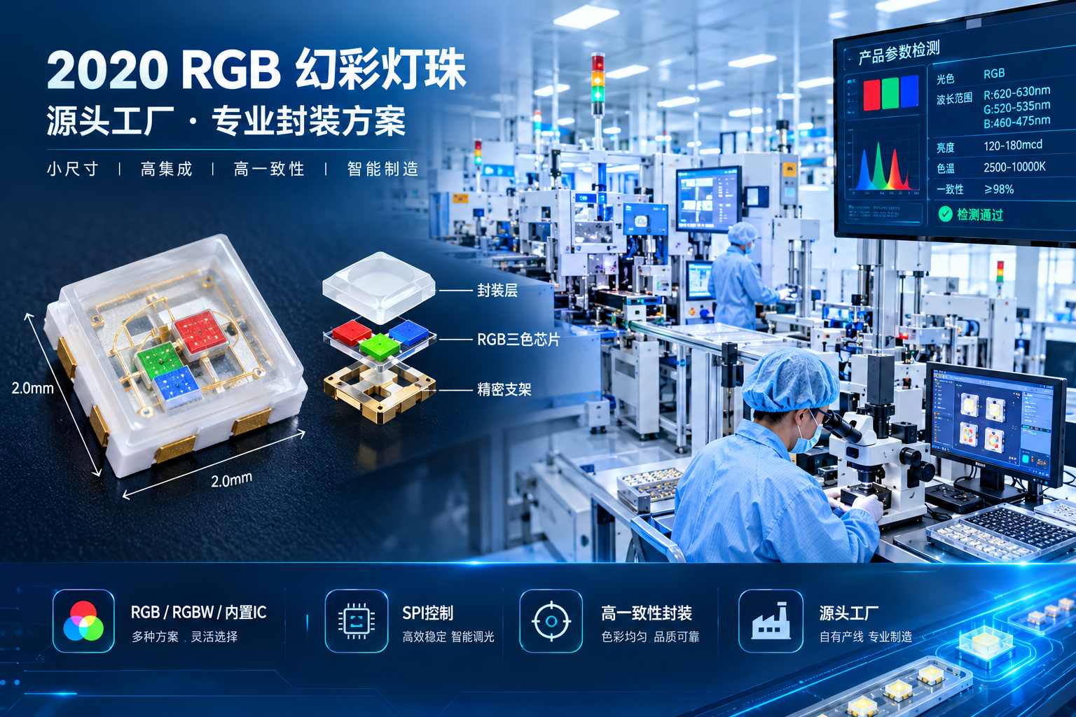 工业科技风构图，画面左侧为微型2020RGB幻彩灯珠产品特写（清晰呈现约2.0mm×2.0mm的小尺寸封装结构，包含RGB三色芯片、精密支架与封装层），右侧展示现代LED封装生产车间环境（包括自动化设备、显微检测台和技术人员进行产品参数检测），融入简洁的技术标签“RGB/RGBW/内置IC”“SPI控制”“高一致性封装”，突出源头工厂、智能LED光源、小型化高集成度和专业制造能力，高清产品摄影结合科技信息图风格，横版比例适合公众号首图