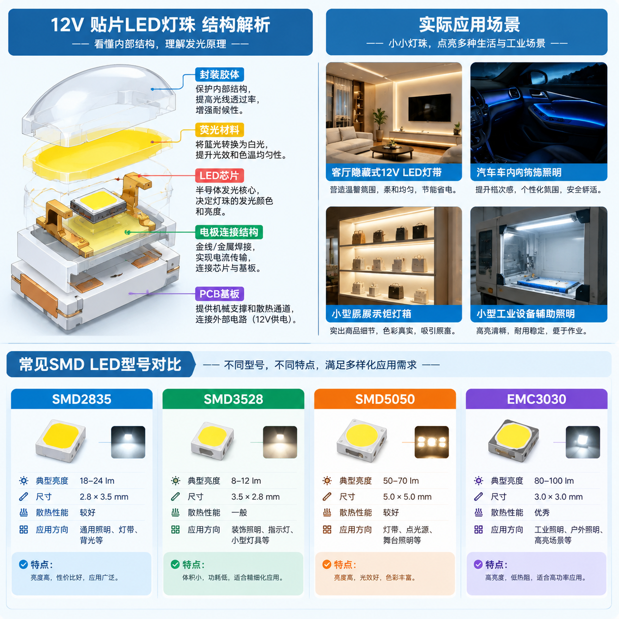 12V贴片LED灯珠结构拆解与应用场景示意图