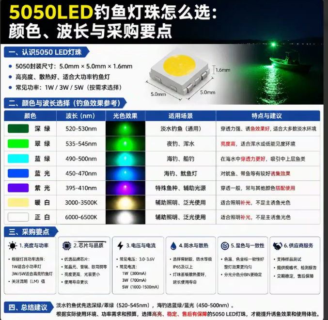 5050LED钓鱼灯珠怎么选：颜色、波长与采购要点