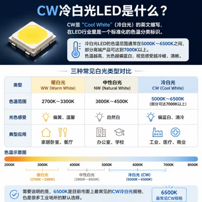 CW冷白光LED完整指南：色温参数、应用场景与选购要点