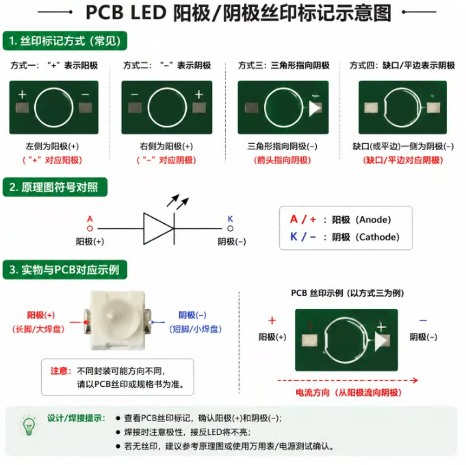 PCB丝印标识符号完整指南：看懂电路板上的LED标记与阳极焊盘