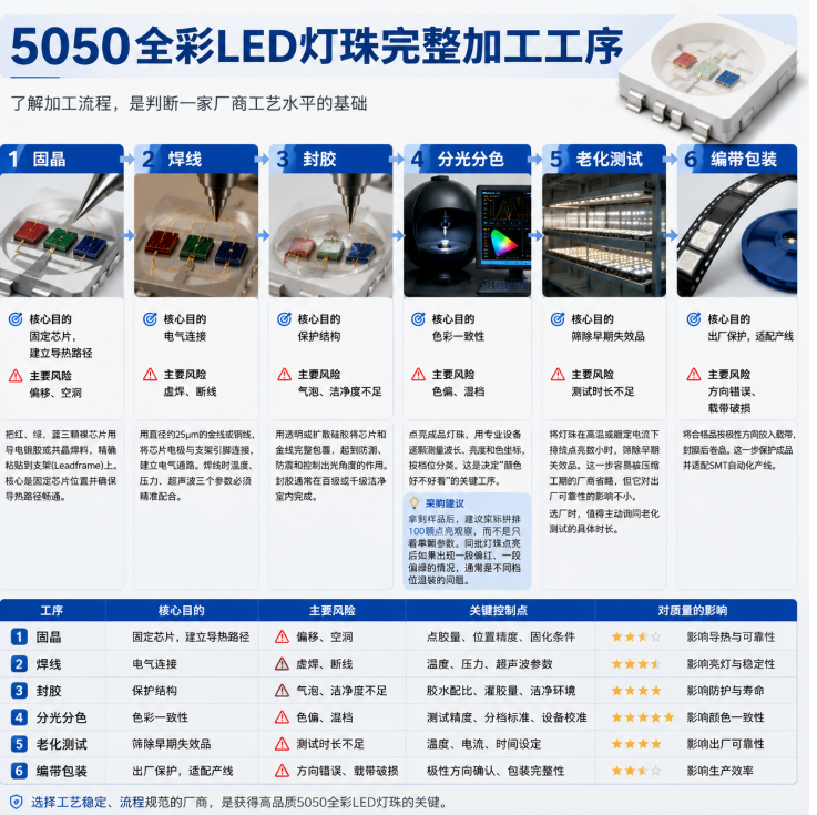 5050全彩LED灯珠加工：工艺流程、质量标准与选厂要点