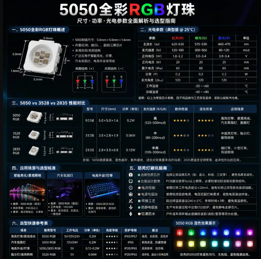 5050全彩RGB灯珠选型指南：核心参数、场景对比与采购避坑