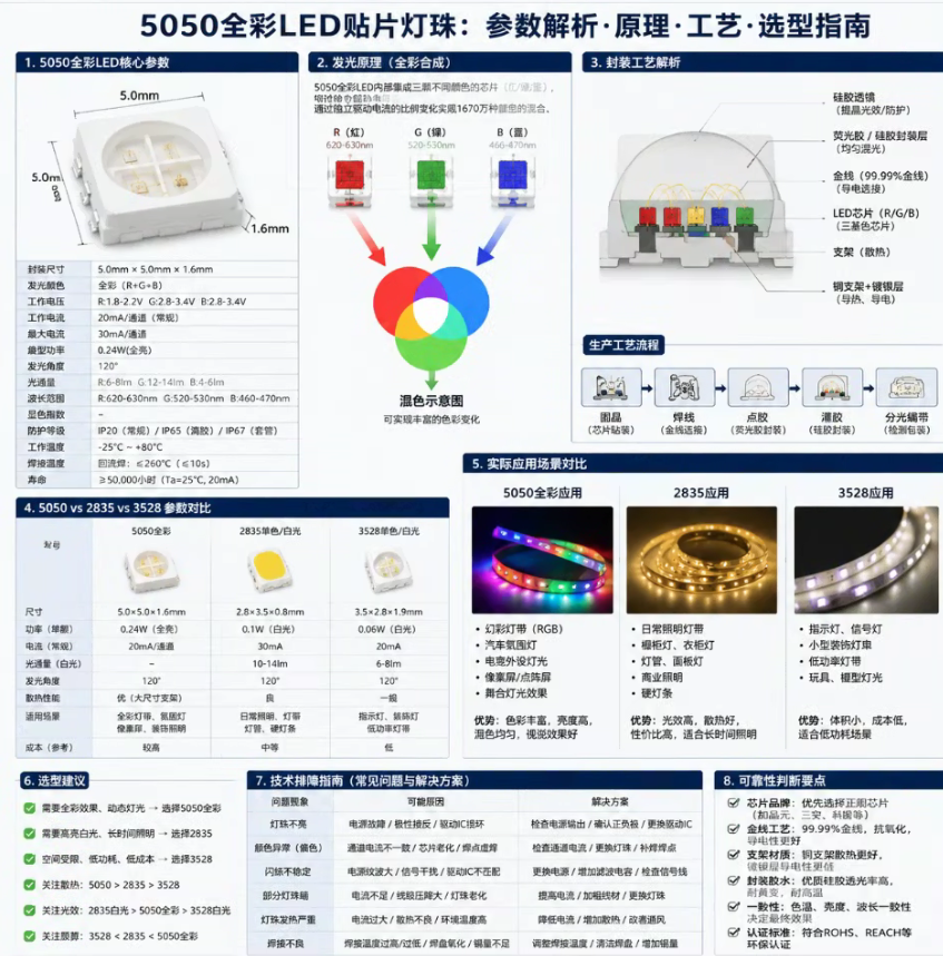 5050全彩LED贴片灯珠选型指南：核心参数、场景对比与材质解析