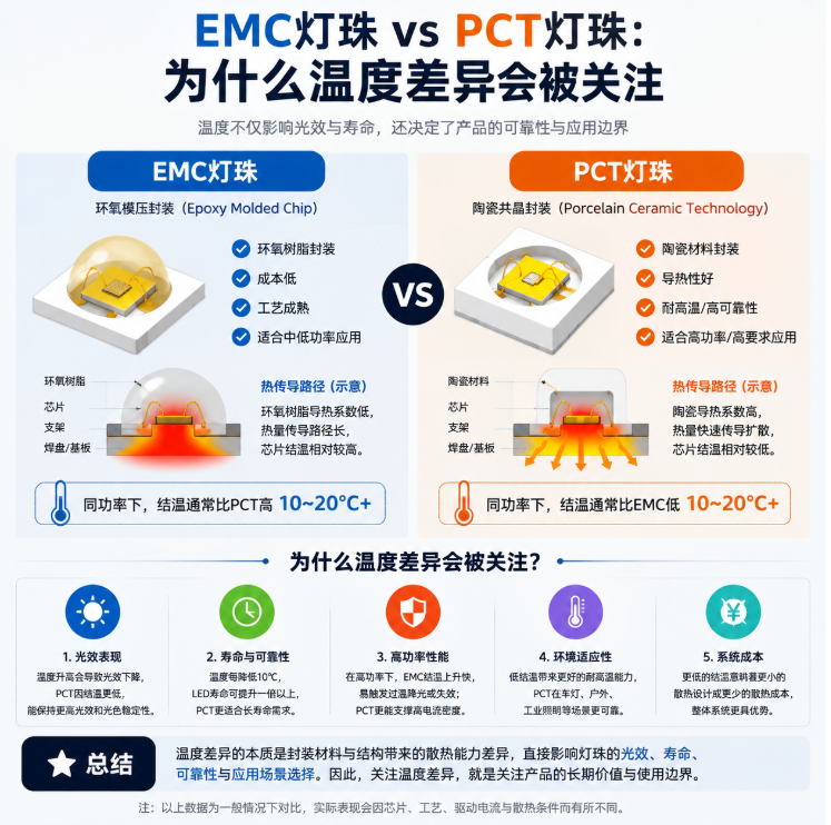 同功率同散热灯珠EMC支架会比PCT温度低多少