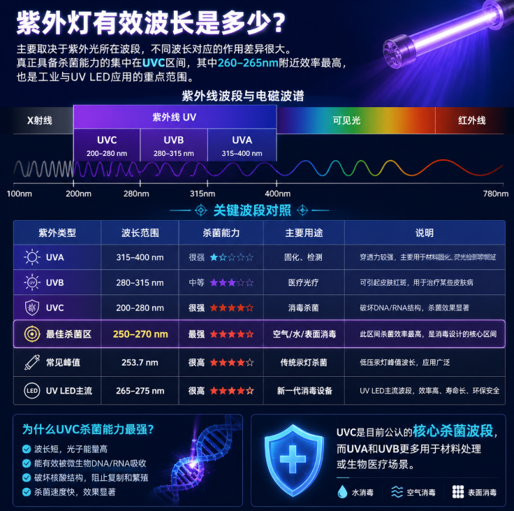 紫外灯有效波长是多少？UVA/UVB/UVC完整解析