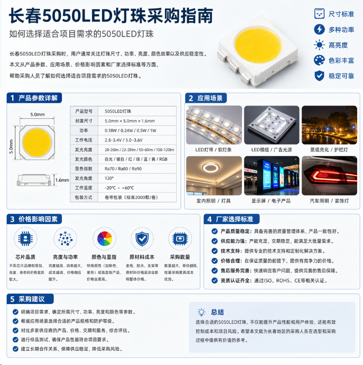 长春5050LED灯珠选购指南：参数、功率与厂家选择