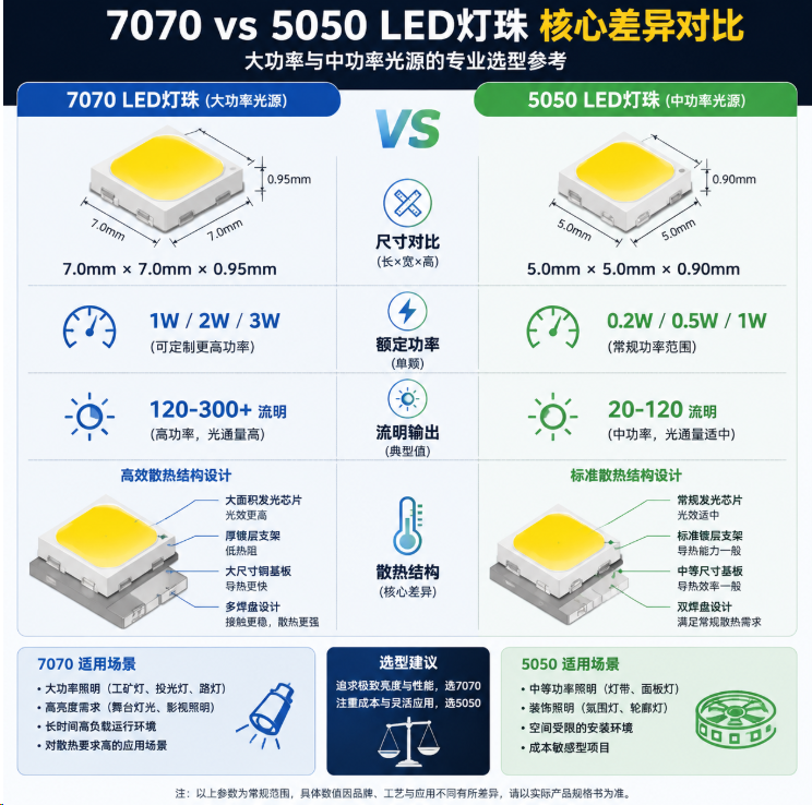 7070灯珠和5050灯珠哪款亮(大功率LED参数对比与选型指南)