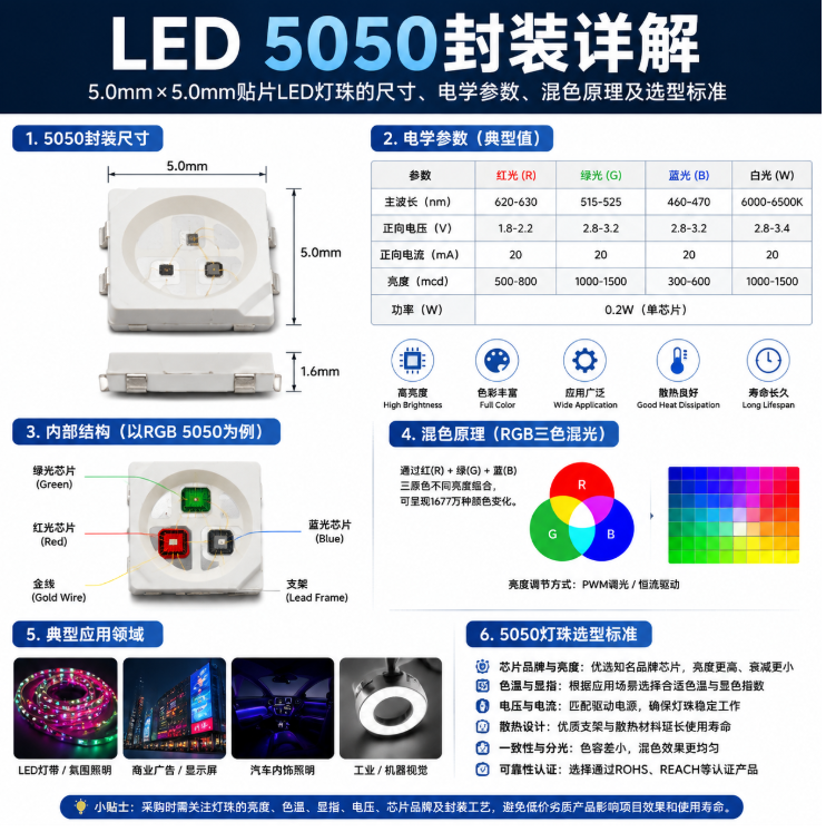 LED的5050封装是那种的?(贴片灯珠规格与选型指南)
