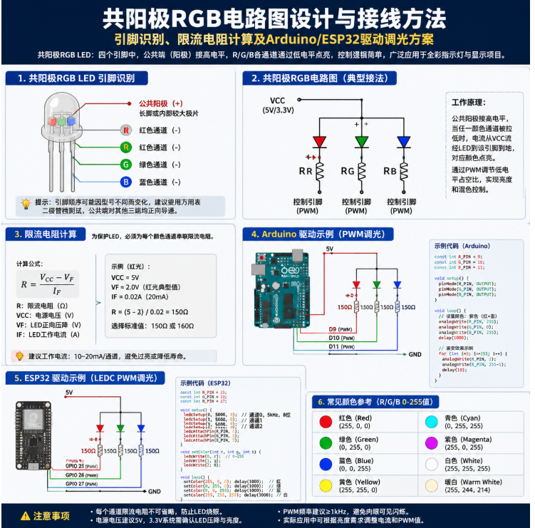 共阳极rgb电路图(接线、电阻计算与驱动设计全攻略)