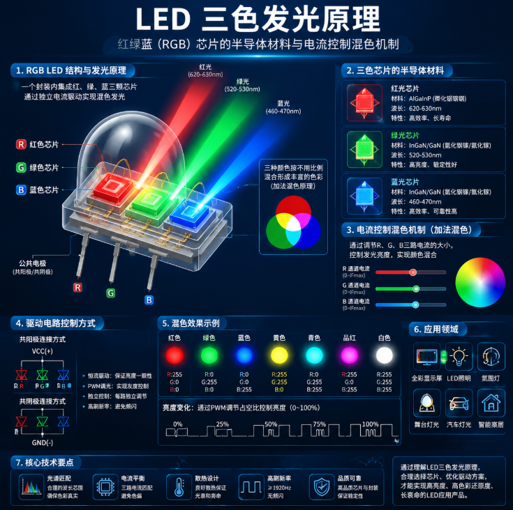 LED三色发光原理(一文解析RGB混色与半导体发光机制)