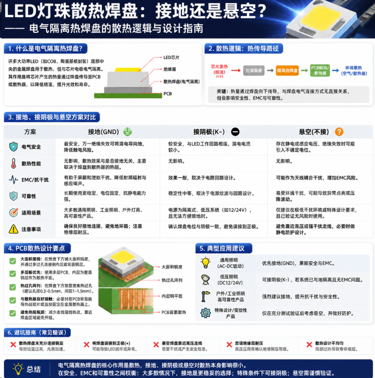 LED灯珠的散热焊盘接地还是(PCB散热设计与接地方案指南)