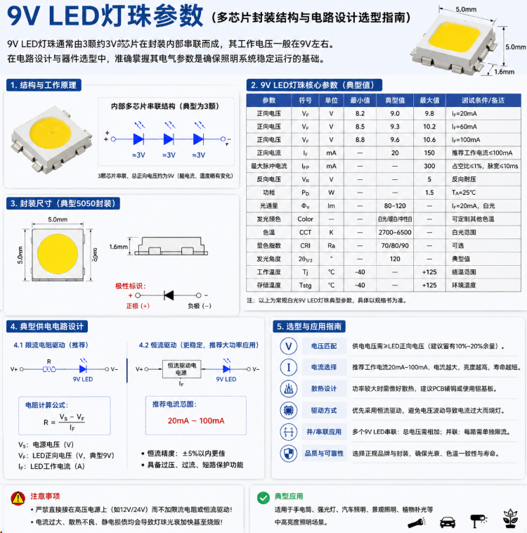 9Vled灯珠参数(多芯片封装结构与电路设计选型指南)