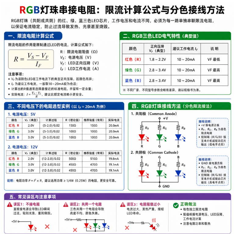 rgb灯珠串接电阻(限流计算公式与分色接线方法)