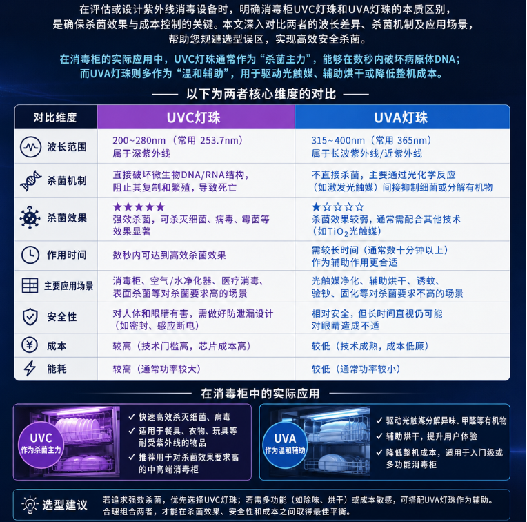 消毒柜UVC灯珠和UVA灯珠(波长差异、杀菌原理与选型指南)