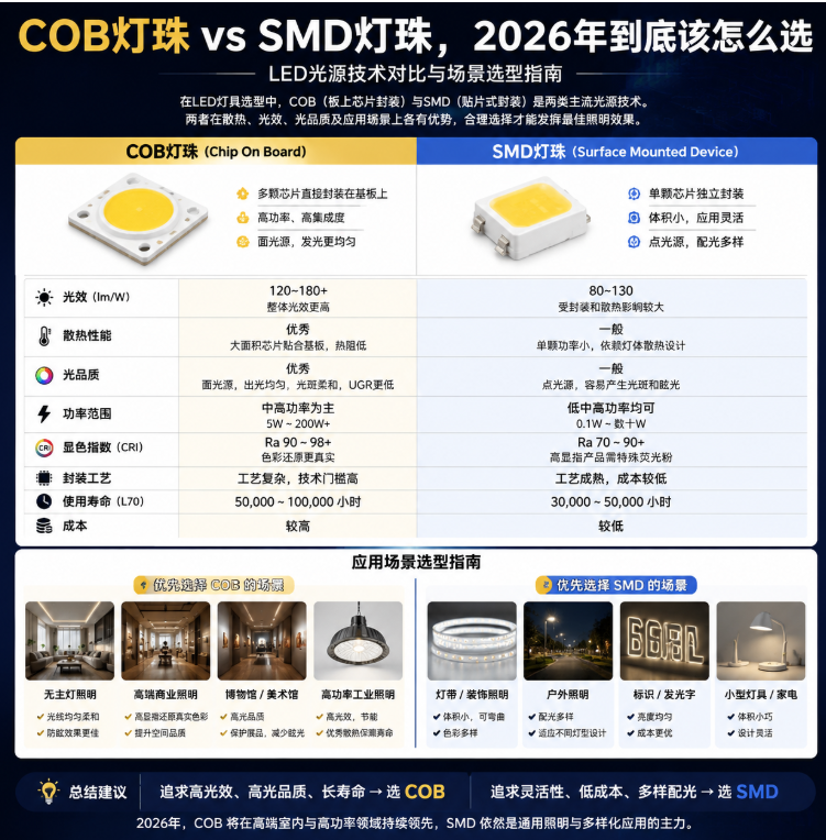 COB灯珠 vs SMD灯珠，2026年到底该怎么选(LED光源技术对比与场景选型指南)