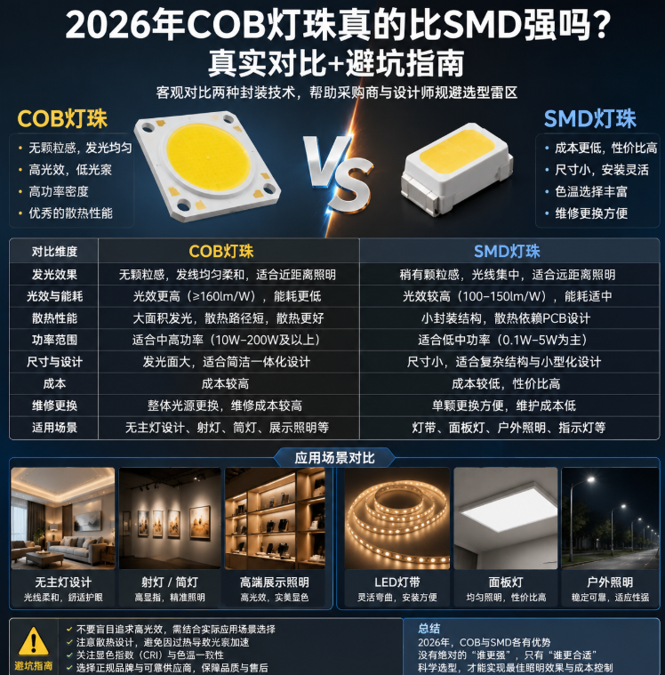 2026年COB灯珠真的比SMD强吗？真实对比+避坑(LED光源选型与应用场景深度解析)