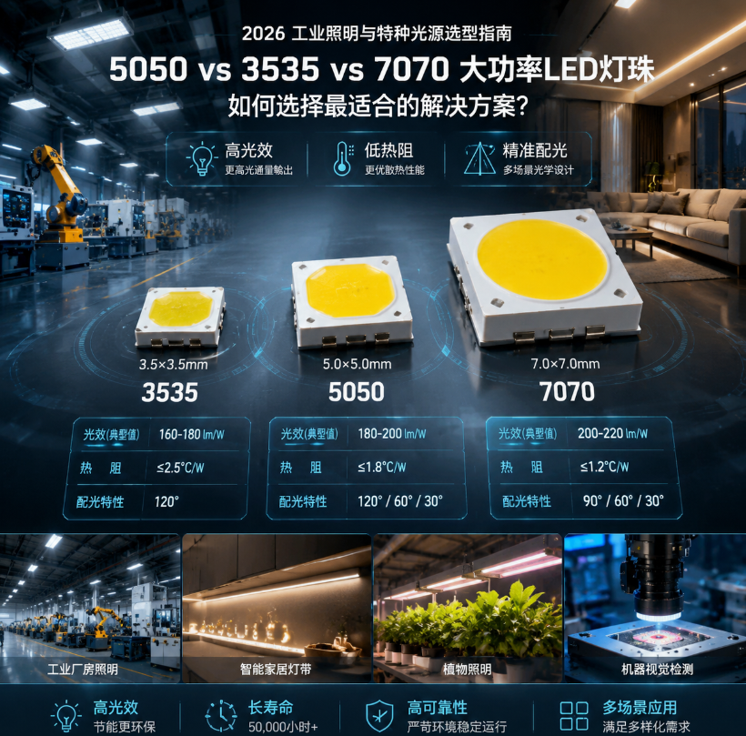 大功率LED 灯珠 5050 3535 7070 应用 2026(高光效工业照明与特种光源选型指南)