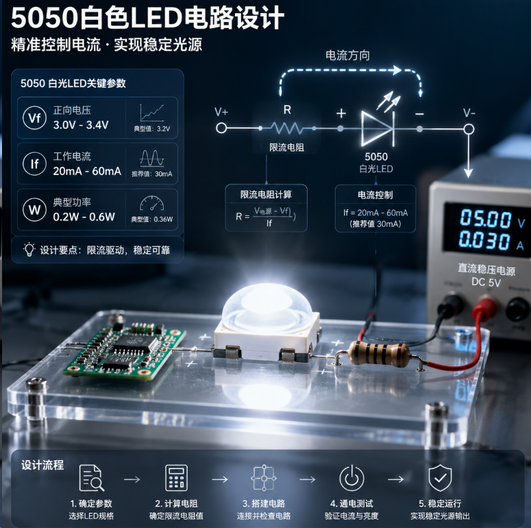 5050白色led电路(设计接线与选型计算指南)