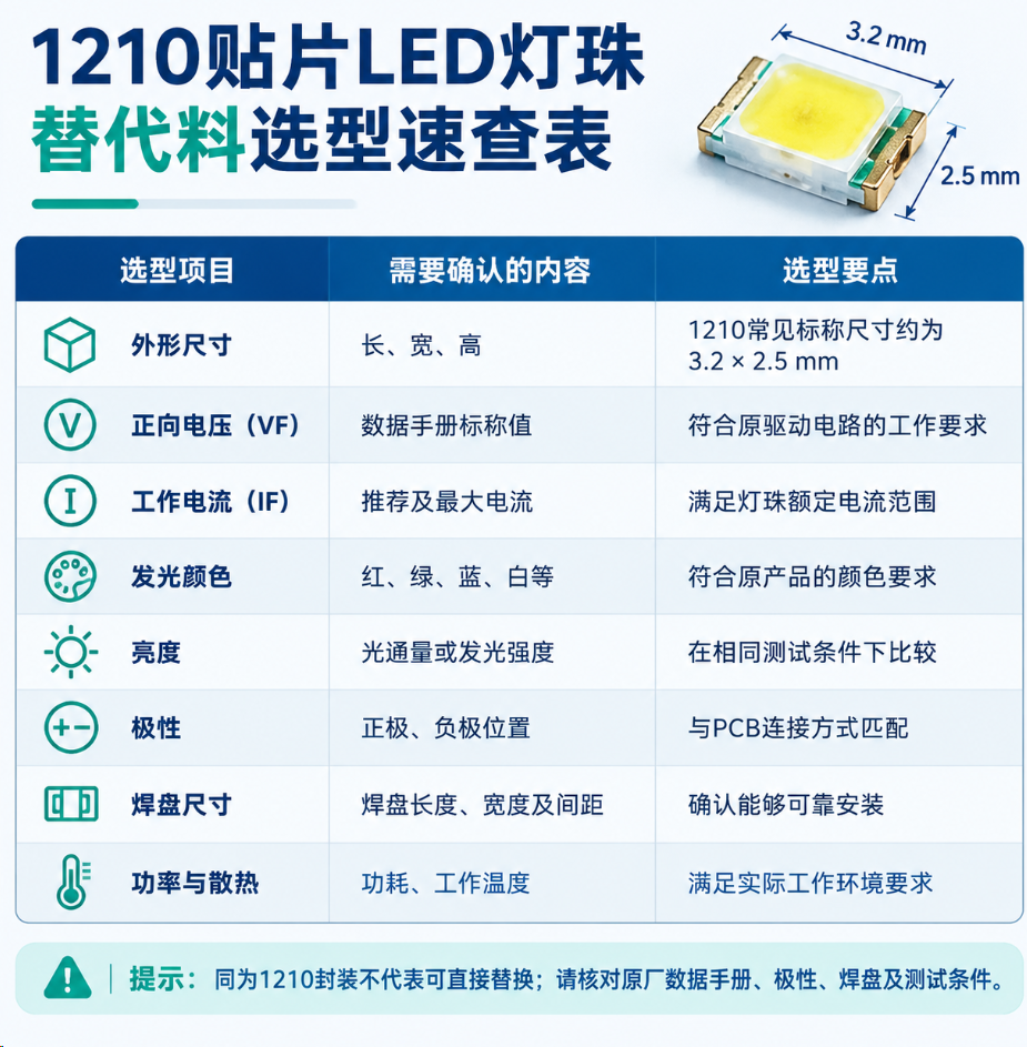 1210贴片LED灯珠替代料(尺寸参数与型号匹配指南)