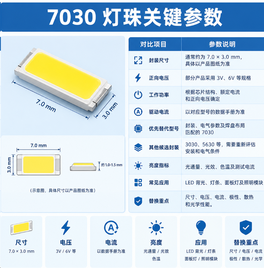 7030 高流明灯珠兼容型号(参数对比与替换指南)