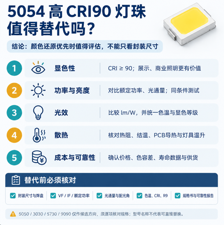 5054 高 CRI90 灯珠替代品(封装参数与选型指南)
